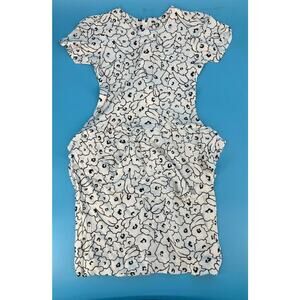 Vintage 90s 80s Womens Peplum Ruffle Dress Black White Geometric Small S